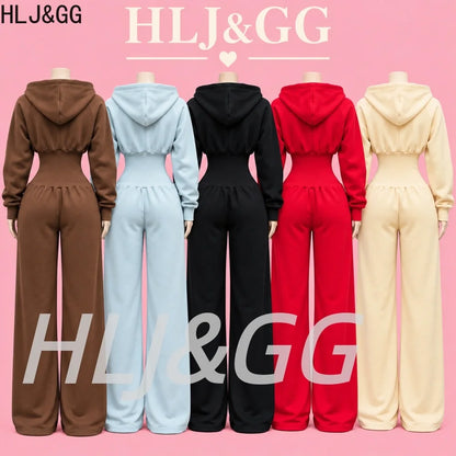 HLJ&GG Autumn Light Fleece Hooded Wine Leg Pants One Piece Jumpsuits Women Zipper Long Sleeve High Waist Sweat Sport Sportswears