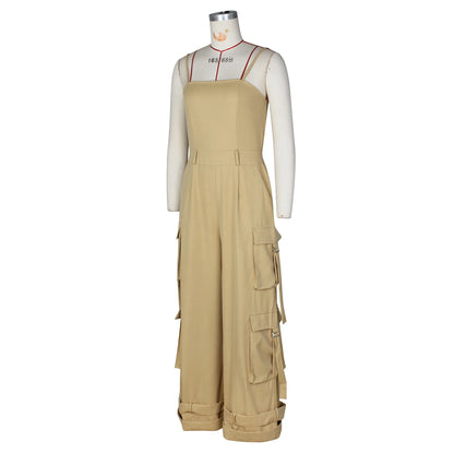 Jumpsuits Women One Piece Cargo Pant Wide Leg Long Pants Loose Casual Sling Sleeveless Overalls Y2k Strapless Solid Rompers