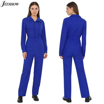 Womens Solid Color Long Sleeve Coveralls Turn Down Collar Button Down Straight Leg Jumpsuit Casual Daily Wear Rompers Workwear