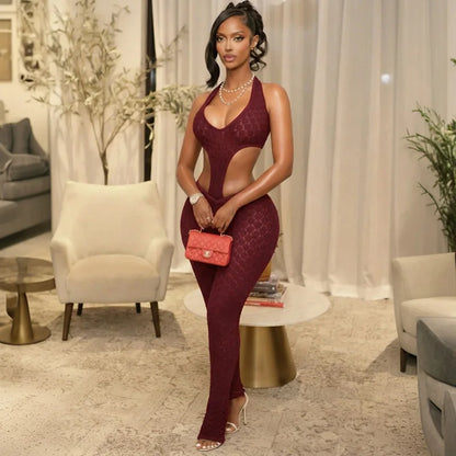 FAGADOER Sexy Lace Hollow-out Patchwork Bodycon Jumpsuits Woman Halter See Through Backless Rompers Female Streetwear Overalls