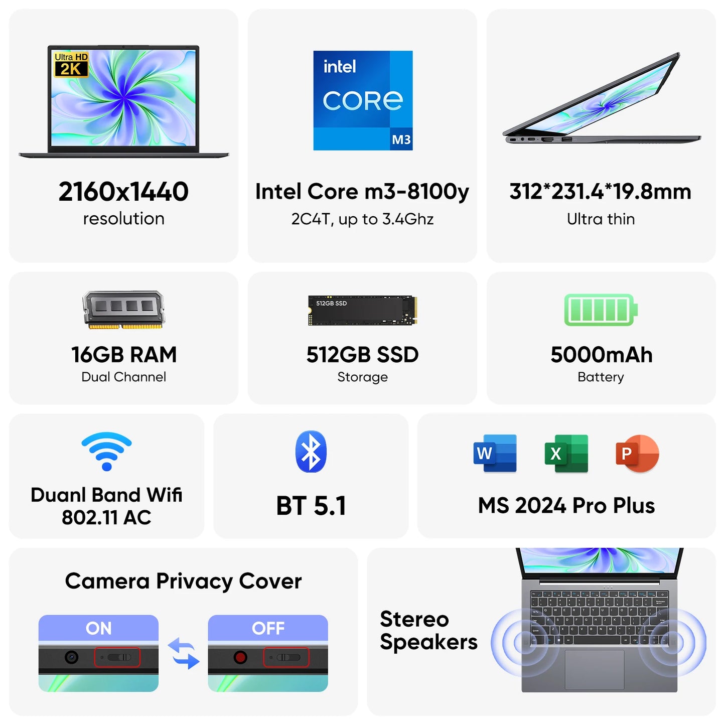 Windows 11 Pro Laptop with 14.1" 2K Screen, 16GB RAM, 512GB SSD, Intel Core Processor, Ultra-Thin and Light Notebook