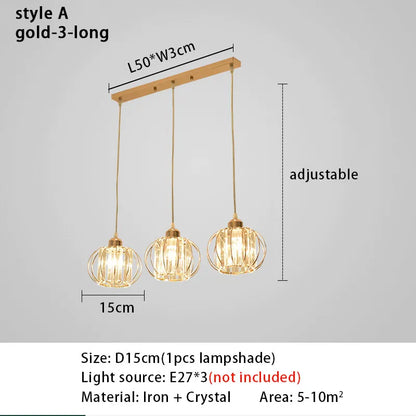 Crystal LED Pendant Lights For Dining Room Living Room Nordic Black Iron Shade 1/3 Lights Kitchen Decor Hanging Ceiling Lamp