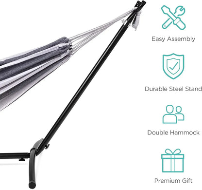 Double Hammock with Steel Stand, 2-Person, 450lbs, Cotton, Indoor Outdoor, Portable