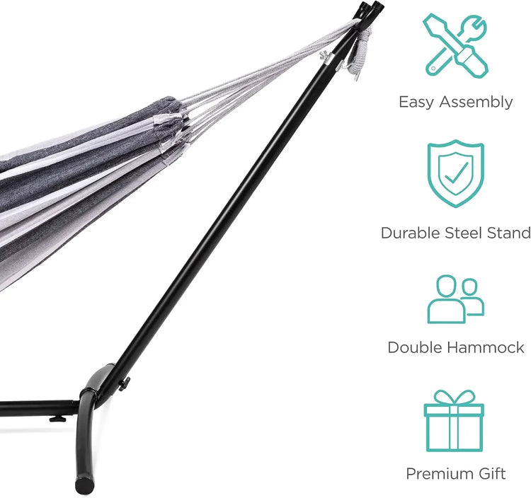 Double Hammock with Steel Stand, 2-Person, 450lbs, Cotton, Indoor Outdoor, Portable