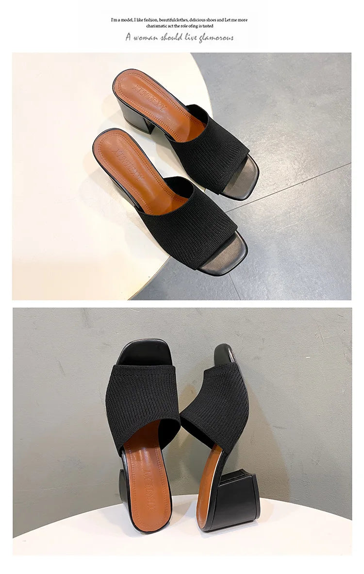Women's Luxury Casual Soft High Heel Sandals Black Mules Summer Slippers Outdoor Shoes Open Toe
