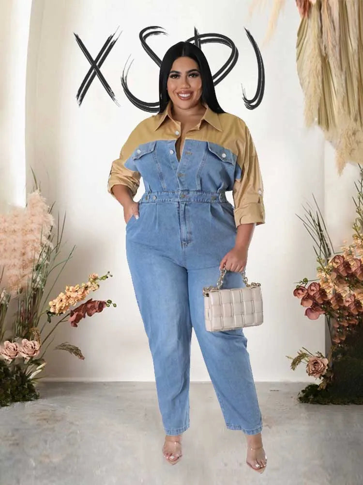 Winter Jeans Jumpsuit for Women Simple and Elegant Long Straight Jumpsuits Plus Size Clothing Female Denim Cotton Jumpsuit