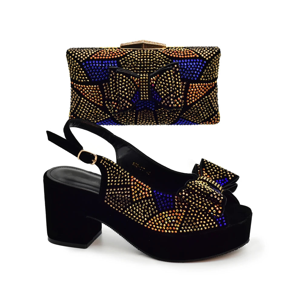 Nigeria Ladies Shoe and Bag Set Decorated with Rhinestone Block Heel Comfortable Platform Pumps Luxury Designer Shoes Women