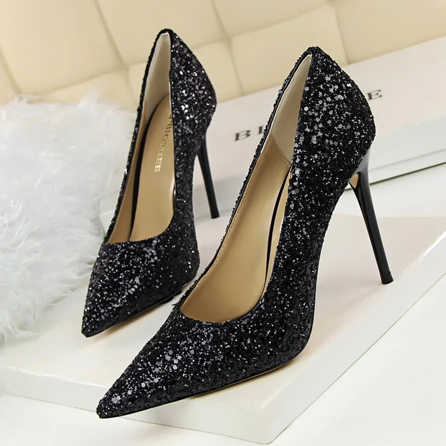 Women Luxury Bling Red  Blue Valentine Party Scarpins Pumps Lady Glitter Sequins 7cm 9.5cm High Heels Designer Shoes Plus Size