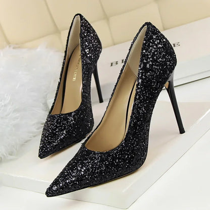 Women Luxury Bling Red  Blue Valentine Party Scarpins Pumps Lady Glitter Sequins 7cm 9.5cm High Heels Designer Shoes Plus Size