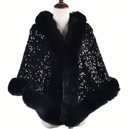 1PC Shiny Sequin Plush Shawl for Women Party Warmth Versatile Faux Fur Collar Blingbling Fashionable Shawl