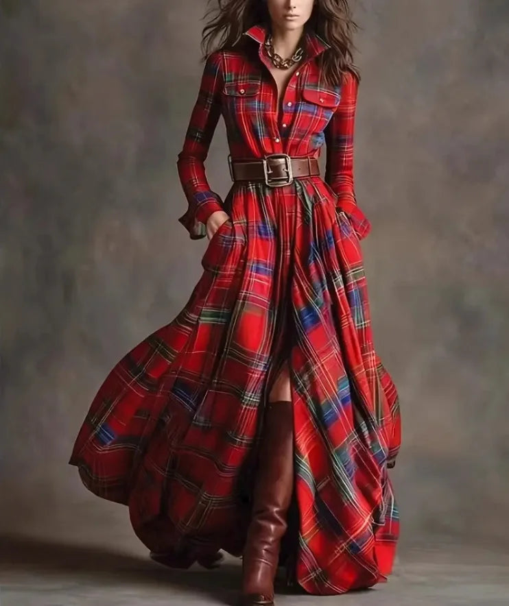Autumn Vintage Long Sleven Dress for Women Plaid Print Shirt Maxi Dress Vacation Female Elegant Belt Loose Pocket A-line Dresses