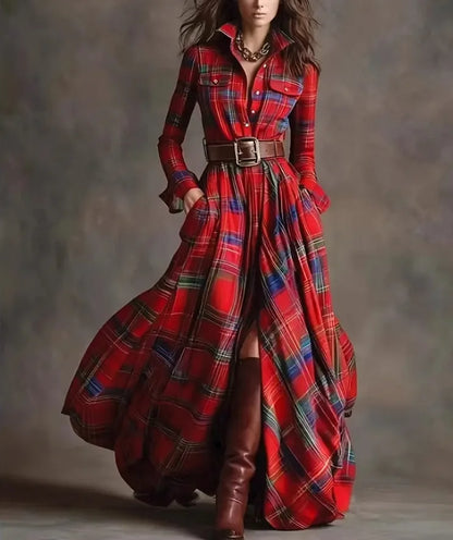 Autumn Vintage Long Sleven Dress for Women Plaid Print Shirt Maxi Dress Vacation Female Elegant Belt Loose Pocket A-line Dresses