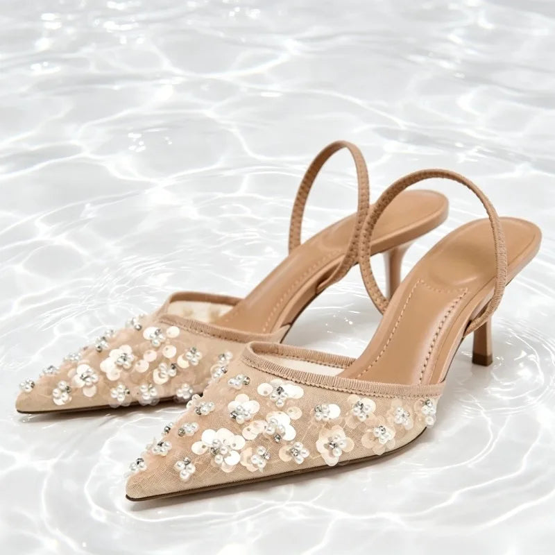 Luxury Crystals String Bead Decoration Brand Pumps Women Fashion Cozy Mesh Embroidery Designer Shoes Elegant Wedding Bridal Shoe