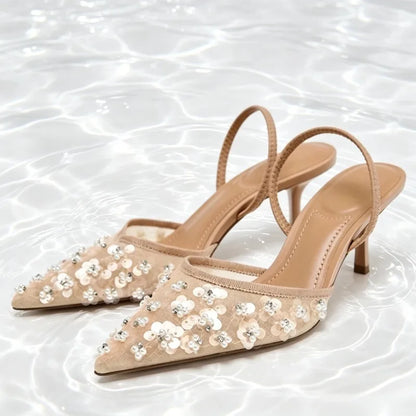 Luxury Crystals String Bead Decoration Brand Pumps Women Fashion Cozy Mesh Embroidery Designer Shoes Elegant Wedding Bridal Shoe