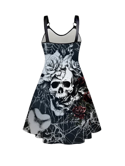 Plus Size Goth Punk Dress Women Black Gothic Lace Up Corset A-Line Halloween Dress