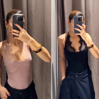 Women's Bodysuit 2026 New Fashion Summer Black Spliced Lace Bodysuit for Women Elegant Chic Personality Spaghetti Strap Bodysuit