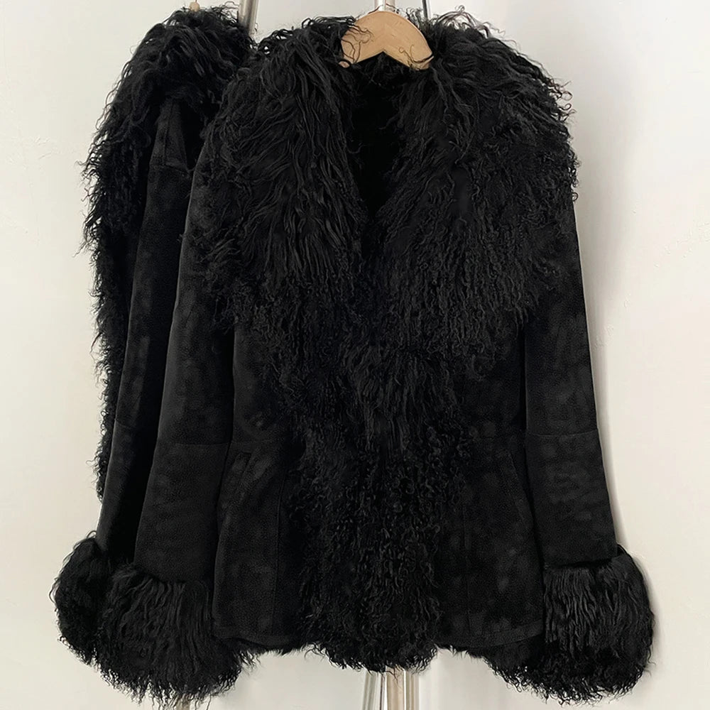 OFTBUY New Winter Warm Curly Mongolia Sheep Fur Jacket Women Vintage Shearling Coat Slim Faux Suede Real Rabbit Fur Clothing