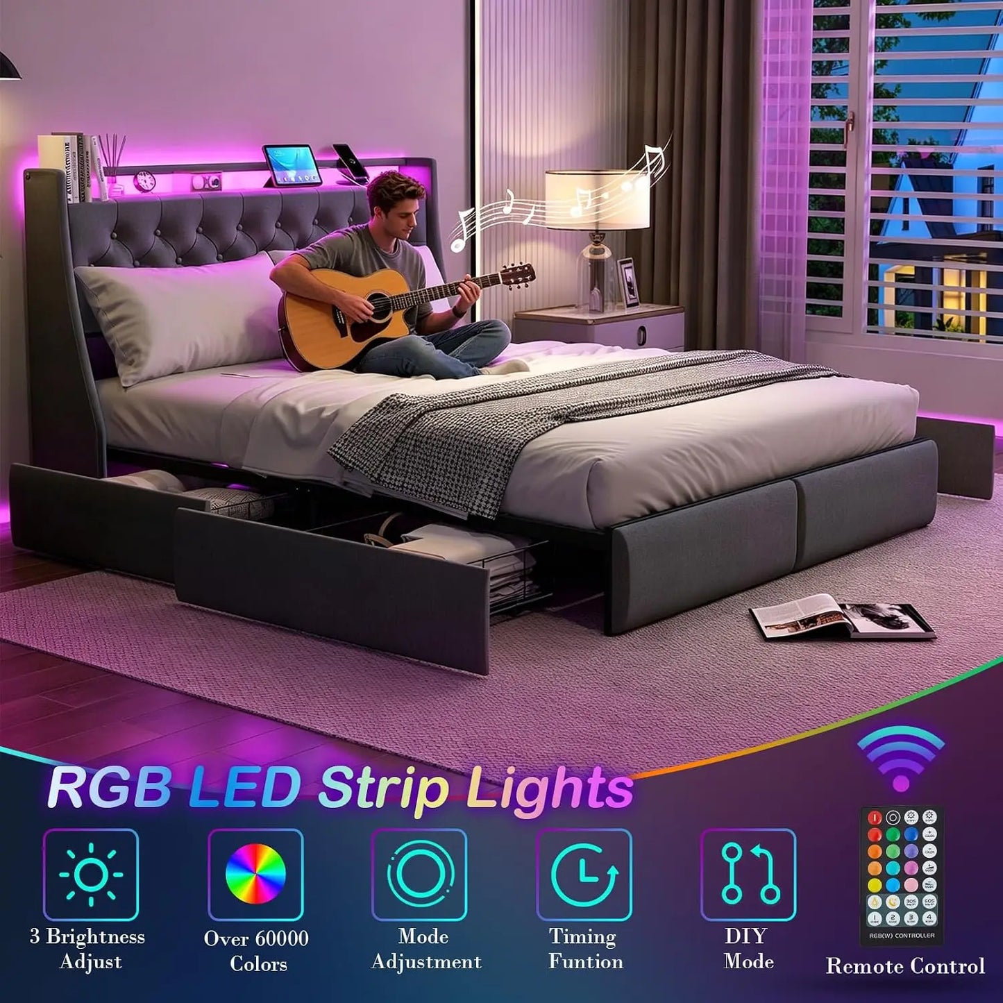 Queen Upholstered Bed Frame 4 Storage Drawers LED Lights USB Charging Headboard, Custom