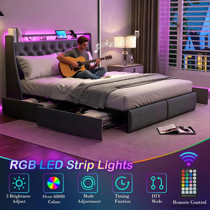 Queen Upholstered Bed Frame 4 Storage Drawers LED Lights USB Charging Headboard, Custom
