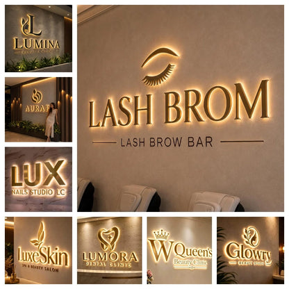 Custom LED Sign Gold Metal Logo Illuminated Letters Business Store Large Logo Signage for Office Dental Beauty Brand Name