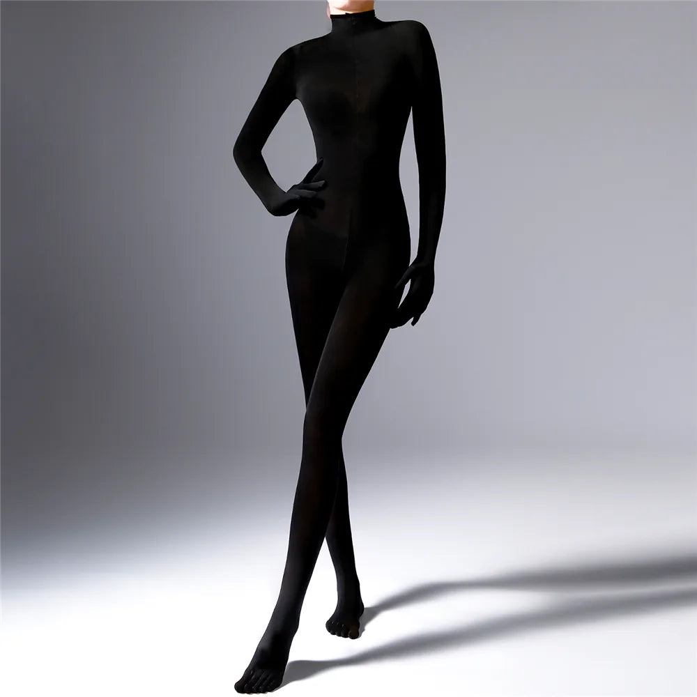 Plus Size Sexy Women 120D Five Finger Glove Sleeve Bodysuit Seamless Tight Warm High Elastic Shaping Cosplay Unisex Fit Jumpsuit