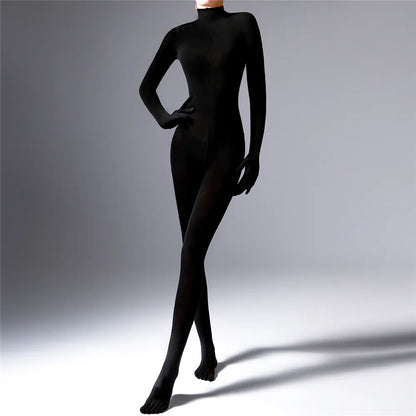 Plus Size Sexy Women 120D Five Finger Glove Sleeve Bodysuit Seamless Tight Warm High Elastic Shaping Cosplay Unisex Fit Jumpsuit