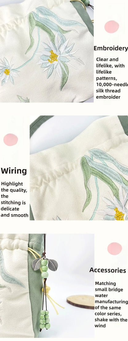Chinese Style Retro Flower Embroidery Crossbody Top-handle Bags Women Shoulder Lace Drawstring Bucket Bag Coin Purses Handbags