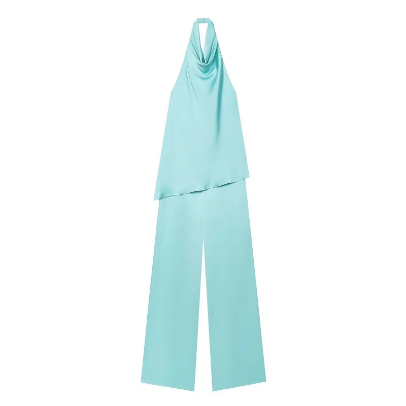 HXAO Satin Women's Jumpsuit Asymmetric Halter Wide Leg Pants Jumpsuits For Women Summer Backless One Piece Long Jumpsuit
