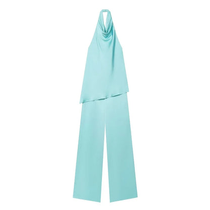 HXAO Satin Women's Jumpsuit Asymmetric Halter Wide Leg Pants Jumpsuits For Women Summer Backless One Piece Long Jumpsuit