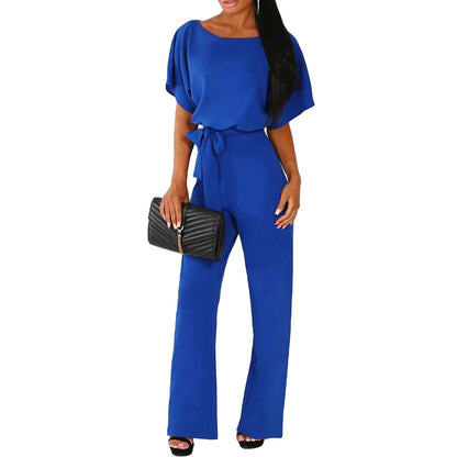 Women's clothing summer 2024 Jumpsuit, Elegant Short Sleeve Hollowed Waist Tie Solid Summer Wide Leg Pants
