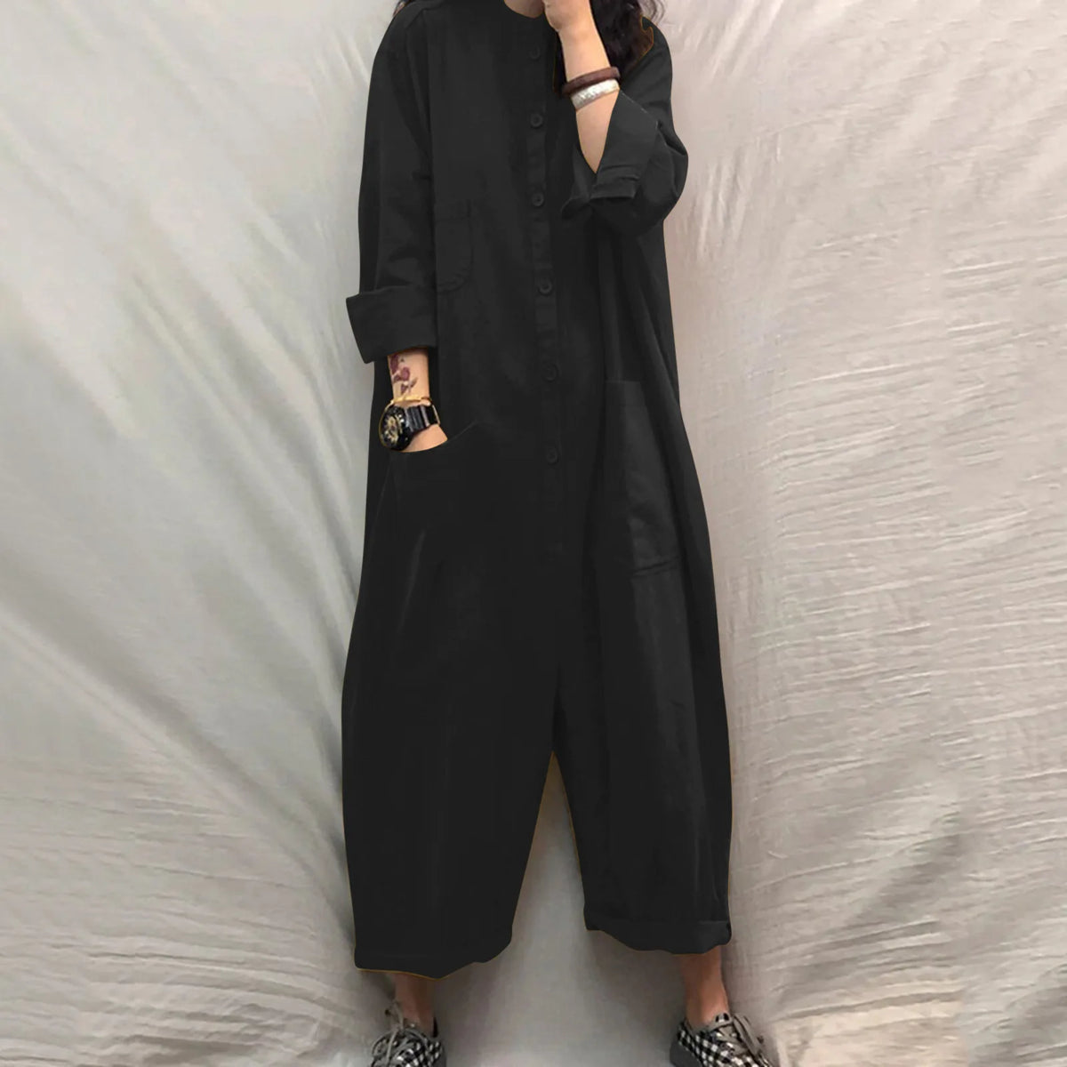 Solid Color Casual Loose Pocket Jumpsuit Women New Fall Simple Long Sleeve Shirt Female Vacation Rompers Fashionable Streetwear