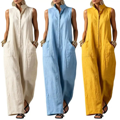 Elegant Women's Sleeveless Linen Blend Jumpsuit Button Down Collared Romper Casual Loose Summer Beach Vacation Boho Jumpsuits