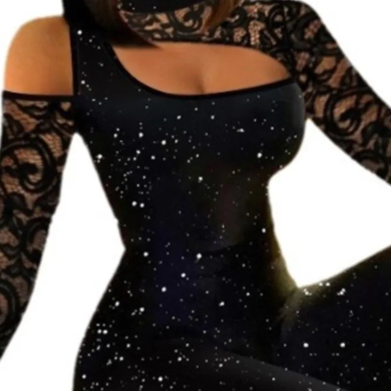 Women's Fashion Sexy Jumpsuits Spring Summer Black Lace Glitter Silver Slim Fit Off-shoulder High Collar Jumpsuit Wide Leg Pants