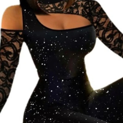 Women's Fashion Sexy Jumpsuits Spring Summer Black Lace Glitter Silver Slim Fit Off-shoulder High Collar Jumpsuit Wide Leg Pants
