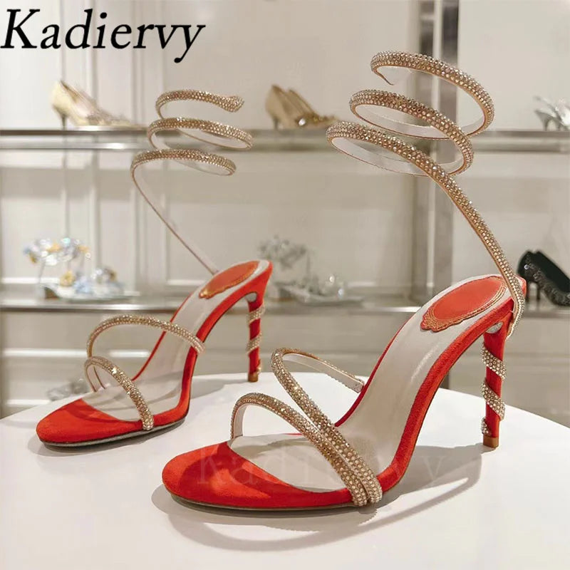 Luxury High Heels Sandals Woman Rhinestone Snake Twine Around Ankle Strap Wedding Shoes Stiletto Summer Gladiator Sandals Women