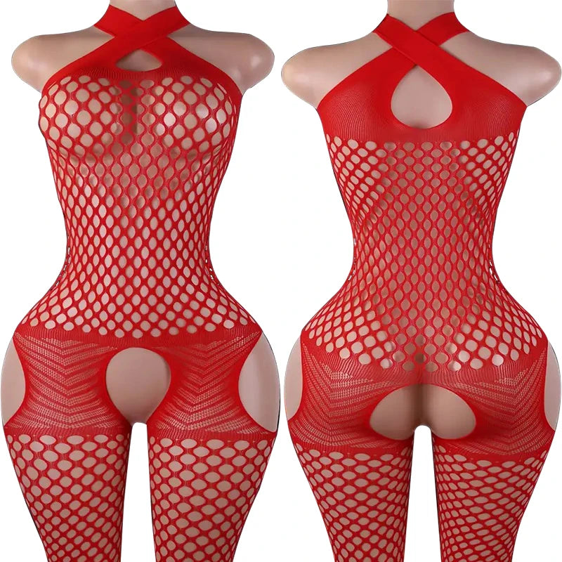 Sexy Backless Crotchless Jumpsuits For Women Fishnet Hollow Romper Erotic Outfits Hanging Neck Bodycon Jumpsuit Mesh Streetwear