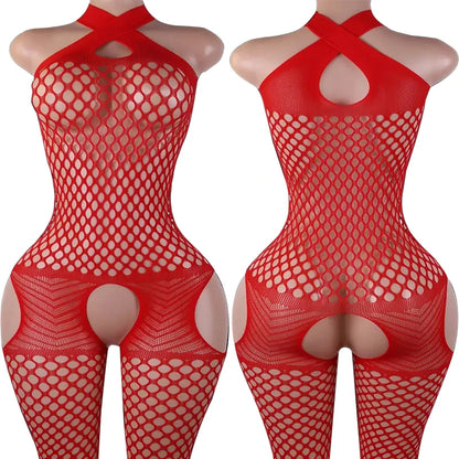 Sexy Backless Crotchless Jumpsuits For Women Fishnet Hollow Romper Erotic Outfits Hanging Neck Bodycon Jumpsuit Mesh Streetwear