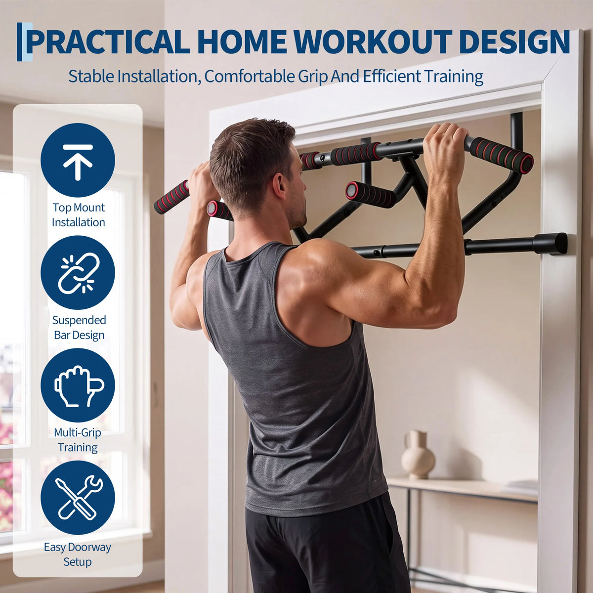 Adjustable Pull-Up Bar for Doorways – Heavy-Duty No-Screw Chin Up Bar for Home Gym Strength Training, Fits Most Door Frames