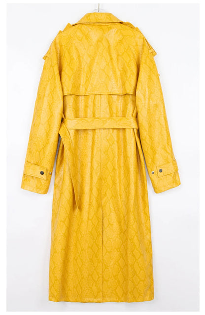 Nerazzurri Spring Autumn Long Oversized Colorful Snakeskin Print Patent Leather Trench Coat for Women Belt Runway Fashion 2022
