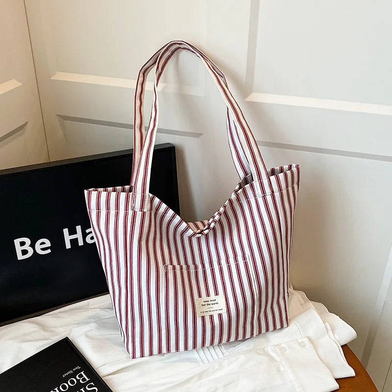 Contrast Color Stripes Women Shoulder Bags Versatile Ladies Large Capacity Tote Bag Lightweight Portable Female Shopping Handbag
