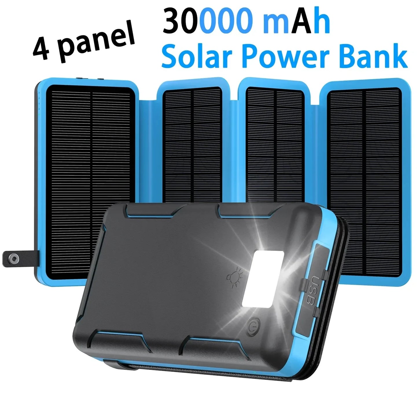 30000mAh Solar Power Bank Flip Panel Large Capacity IOS/Android USB Fast Charge Dual Charging Solar/Type-C Portable for Camping