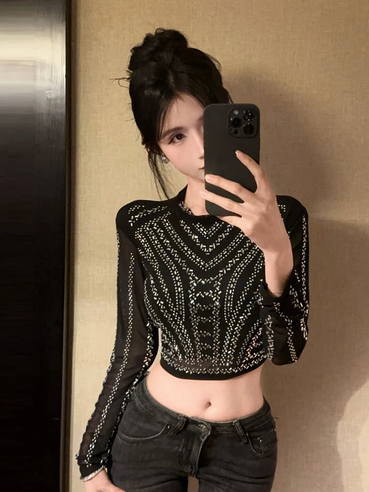 Heavy Duty Rhinestone Short Crop Mesh Long Sleeve T-Shirt round Neck Overhead Slimming Top for Young Women Daily Wear