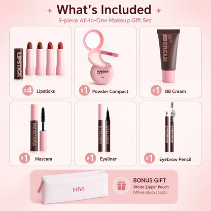 9PCS Makeup Gift Set for Women, All-in-One Lipstick Mascara Eyeliner BB Cream Powder Compact, Travel Beauty Kit for Beginners