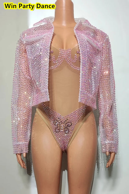 Mesh Fluorescent Full Diamond Slim Fit Hip Wrapped Jumpsuit Jacket Singer Model Nightclub Bar Performance Costume