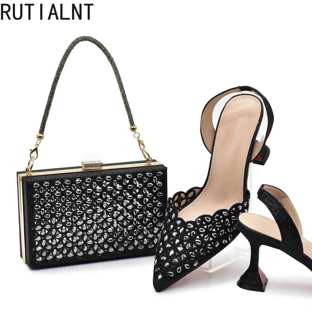 New Arrival Shoe and Bag Set Italian Design Nigeria Party Shoes and Bags for Women Rhinestone Luxury High Heels Woman Pumps