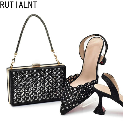 New Arrival Shoe and Bag Set Italian Design Nigeria Party Shoes and Bags for Women Rhinestone Luxury High Heels Woman Pumps
