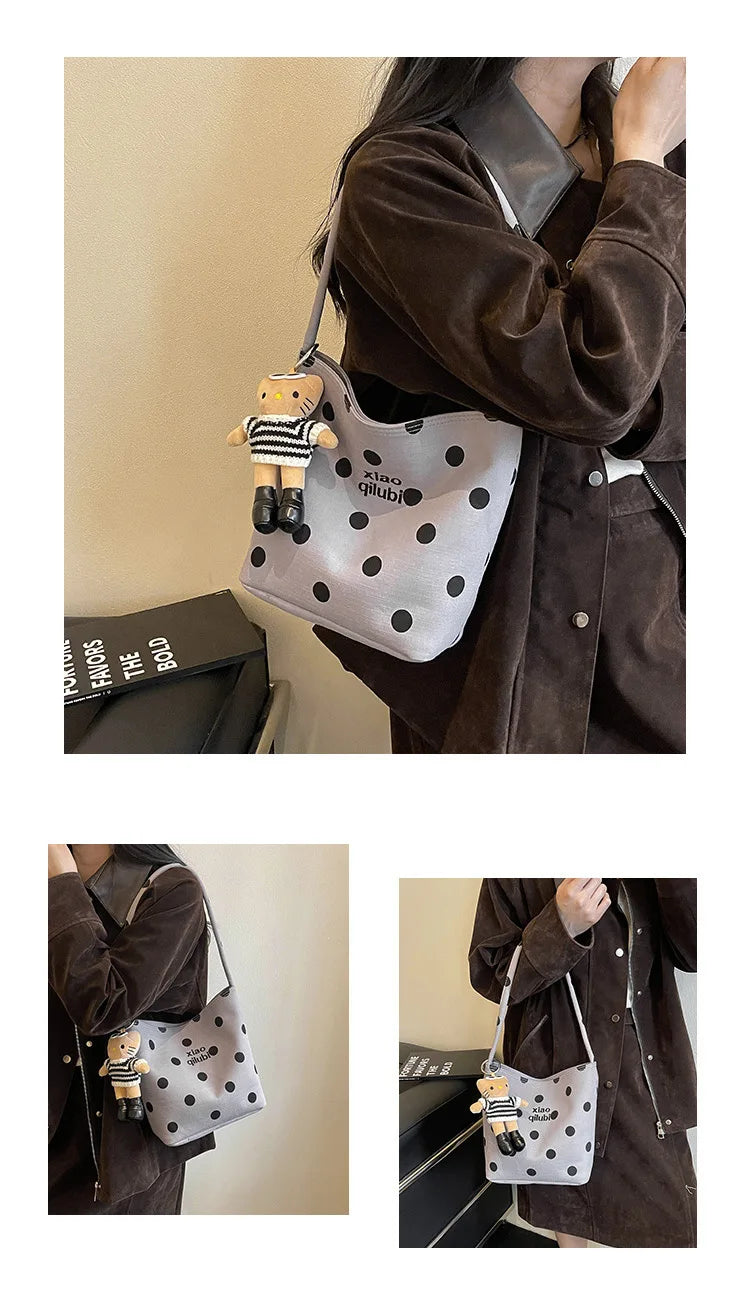 Korean Style Niche Linen Dot Shoulder Bag Women New Fashion Large Capacity Bucket Bag Casual Versatile Commuting Underarm Bag