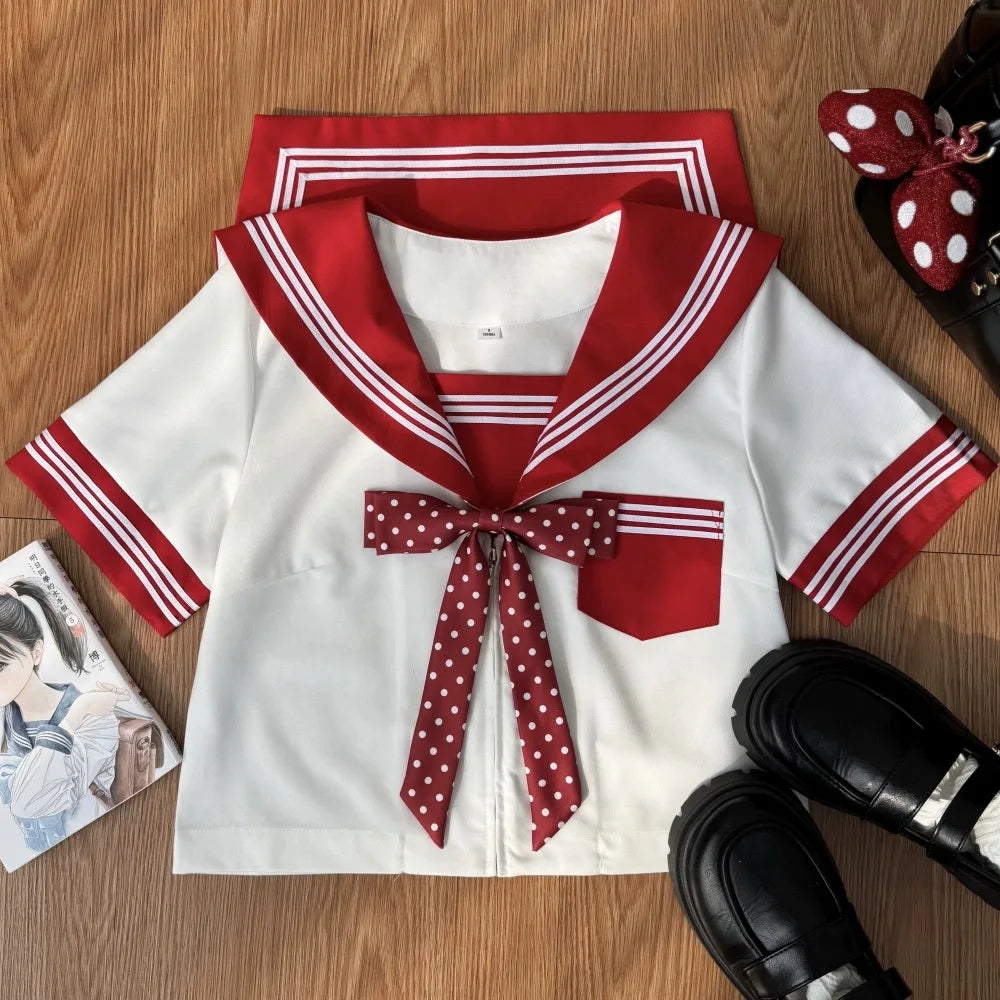 Japanese Sailor Suit Black/White/Red/Pink Korean College Sailor Fuku Short Sleeve High School Girls Students Jk Uniforms Seifuku