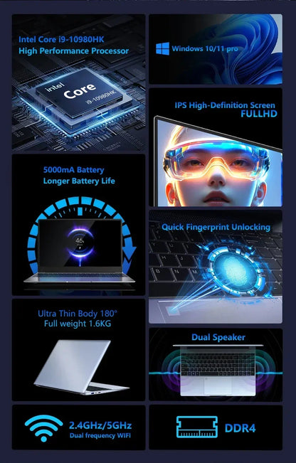 15.6 Inch Laptop Intel Core I9 10980HK Windows 11 Pro 32GB DDR4 M.2 2TB SSD Ultrabook Computer Fingerprint Unlock WIFI Fast