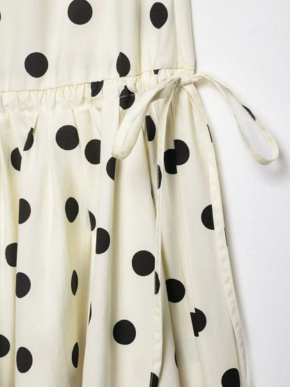 Women's Vintage Polka Dot Asymmetrical Hem Skirt White Black High Waist Drawstring Flowy Casual Midi Skirt Streetwear